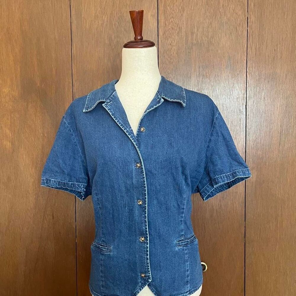 Talbots Women's Blue Denim Short Sleeve Boxy Cotton Shirt size XL